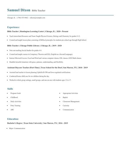 Bible Teacher Resume