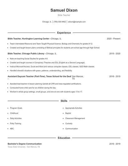 Bible Teacher Resume