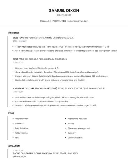 Bible Teacher Resume