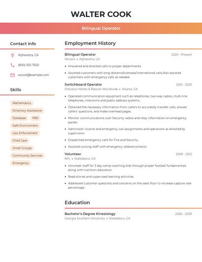 Bilingual Operator Resume