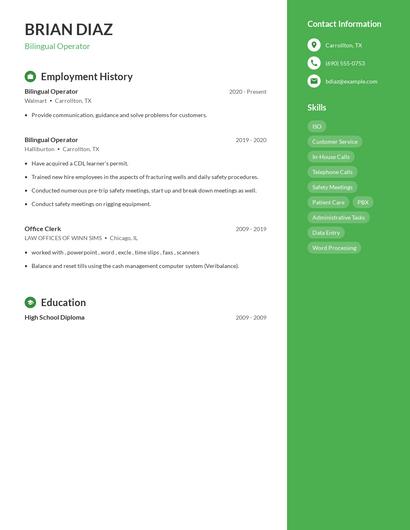 Bilingual Operator Resume