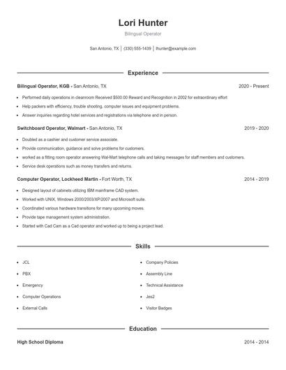 Bilingual Operator Resume