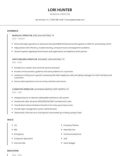 Bilingual Operator Resume