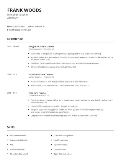Bilingual Teacher Assistant Resume