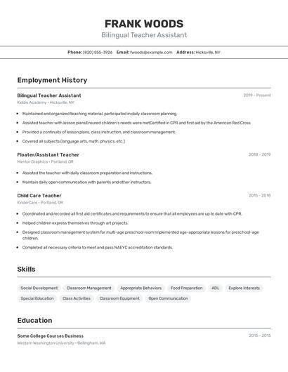 Bilingual Teacher Assistant Resume