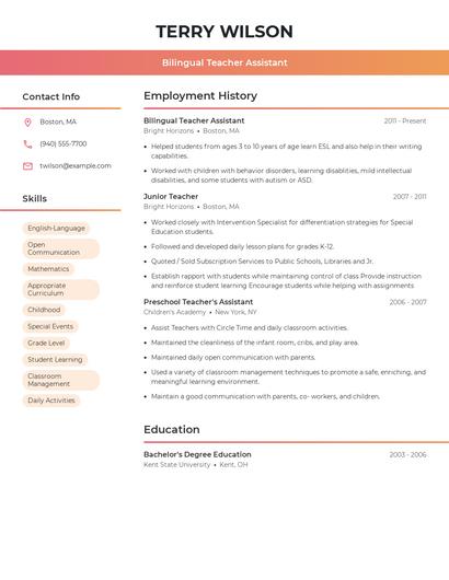 Bilingual Teacher Assistant Resume