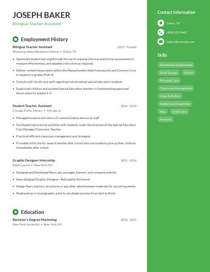 Bilingual Teacher Assistant Resume