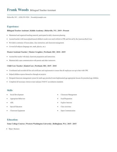 Bilingual Teacher Assistant Resume