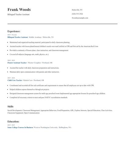 Bilingual Teacher Assistant Resume