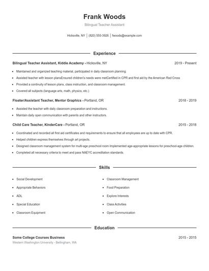 Bilingual Teacher Assistant Resume