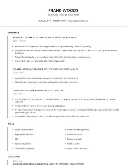 Bilingual Teacher Assistant Resume