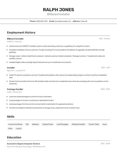 Billboard Installer Resume