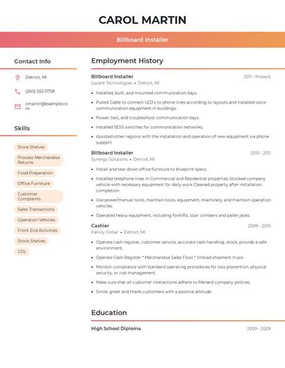 Billboard Installer Resume