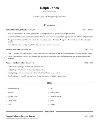 Billboard Installer Resume