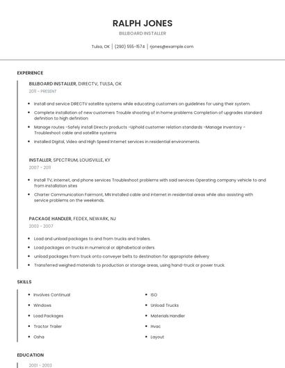 Billboard Installer Resume