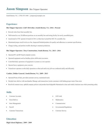 Bin Tripper Operator Resume