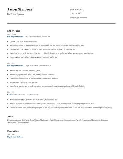 Bin Tripper Operator Resume