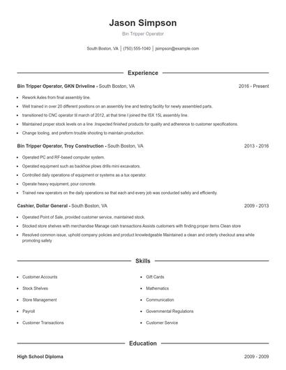 Bin Tripper Operator Resume