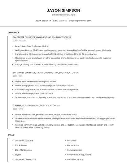 Bin Tripper Operator Resume