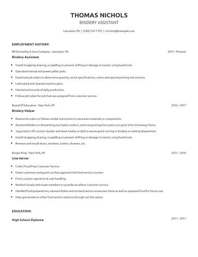 Bindery Assistant Resume