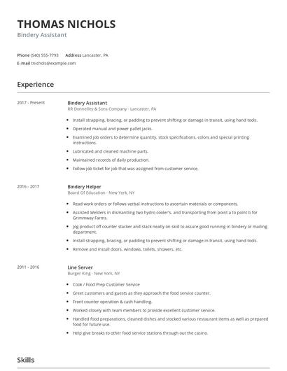 Bindery Assistant Resume