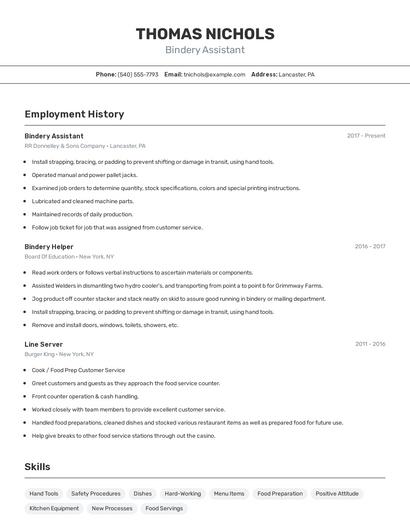 Bindery Assistant Resume