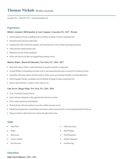 Bindery Assistant Resume