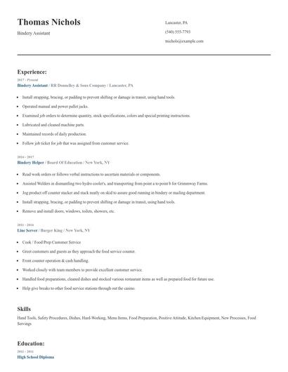 Bindery Assistant Resume