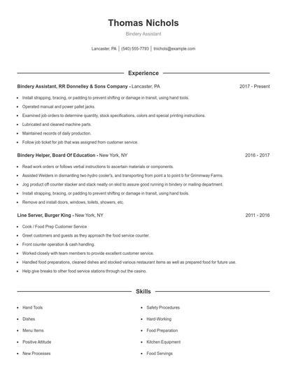 Bindery Assistant Resume