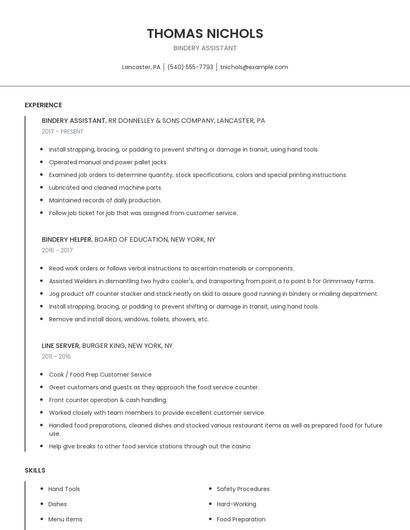 Bindery Assistant Resume