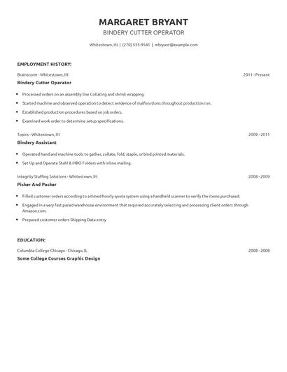 Bindery Cutter Operator Resume
