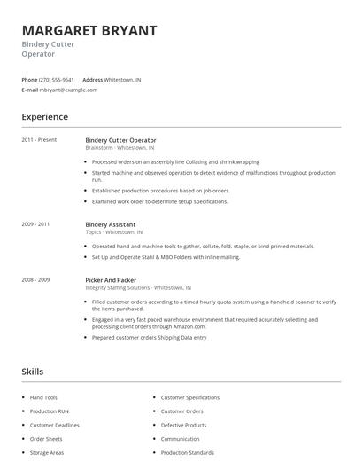 Bindery Cutter Operator Resume