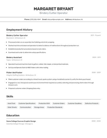 Bindery Cutter Operator Resume