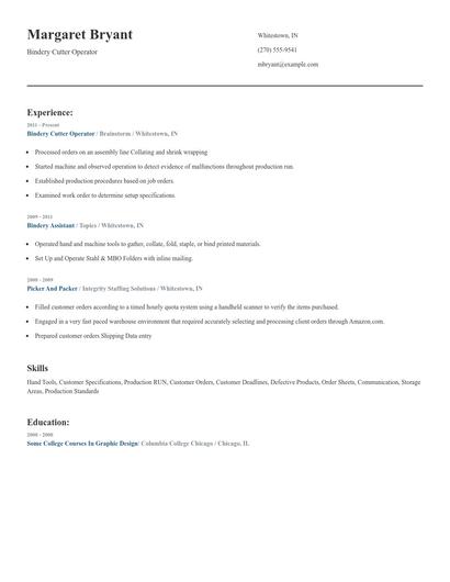 Bindery Cutter Operator Resume