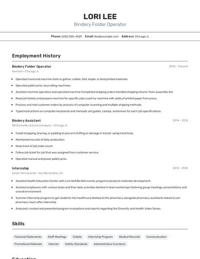 Bindery Folder Operator Resume