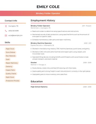 Bindery Folder Operator Resume