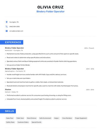 Bindery Folder Operator Resume