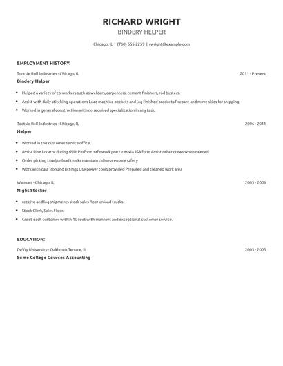 Bindery Helper Resume