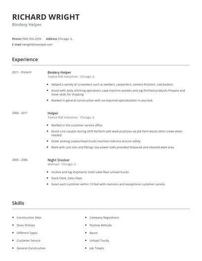 Bindery Helper Resume