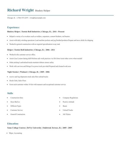Bindery Helper Resume