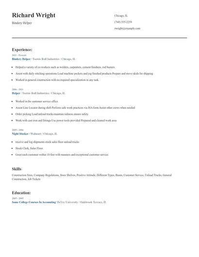 Bindery Helper Resume