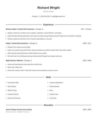 Bindery Helper Resume