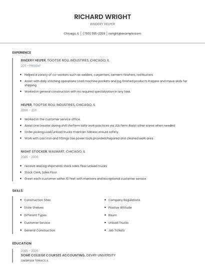 Bindery Helper Resume