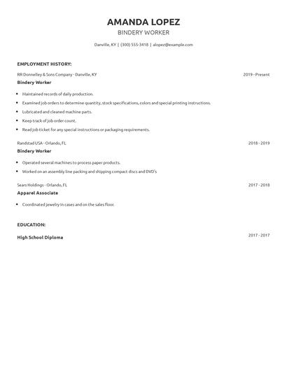Bindery Worker Resume