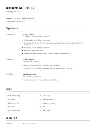 Bindery Worker Resume