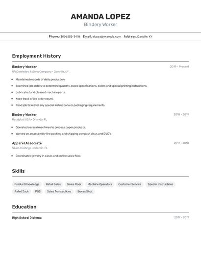 Bindery Worker Resume