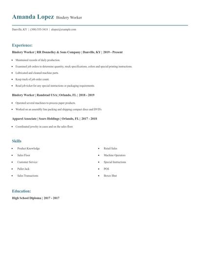 Bindery Worker Resume