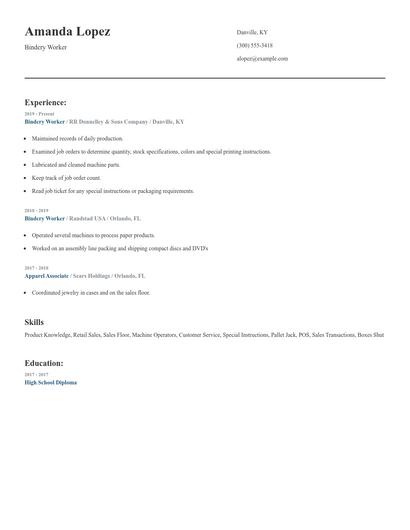 Bindery Worker Resume