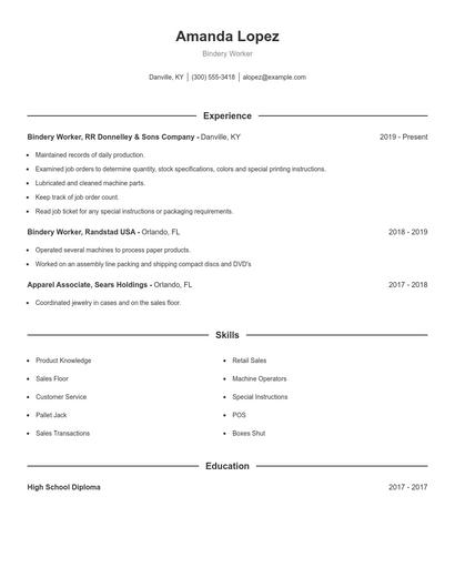 Bindery Worker Resume