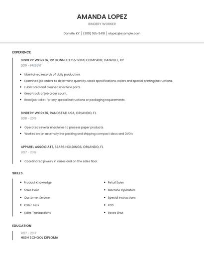 Bindery Worker Resume